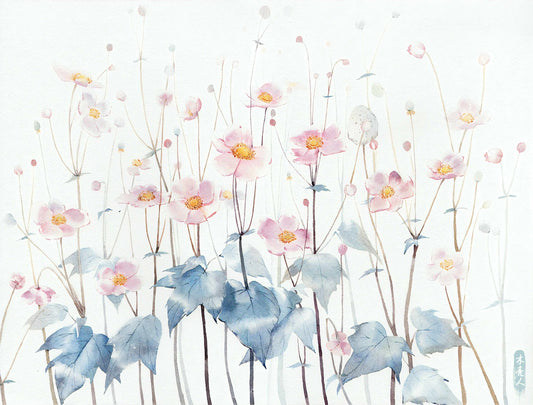 Watercolor blue leaves Pink Petals Wall Mural