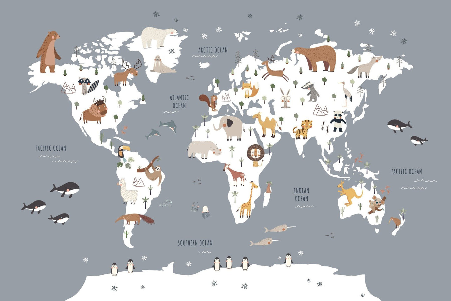 Cartoon Animals World Map Wallpaper Mural