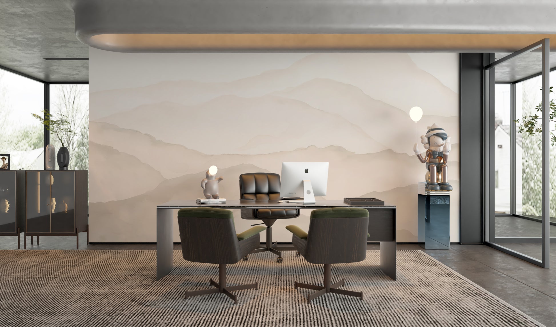 Artistic mountain mural in soft beige tones