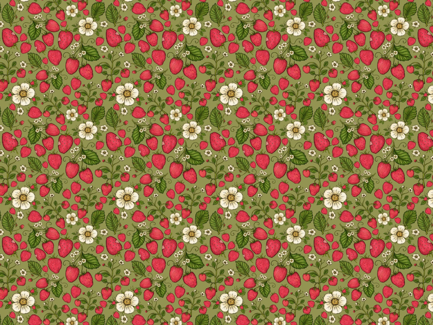 Strawberry Patch Pink on Green Wallpaper